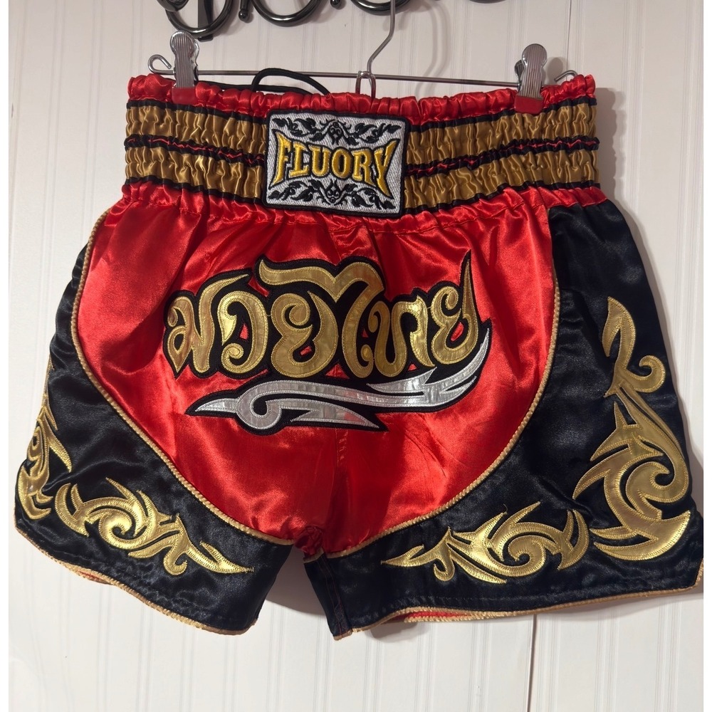 Fluory Muay Thai Boxing Shorts Red Black Gold Tribal Satin XL Combat Training